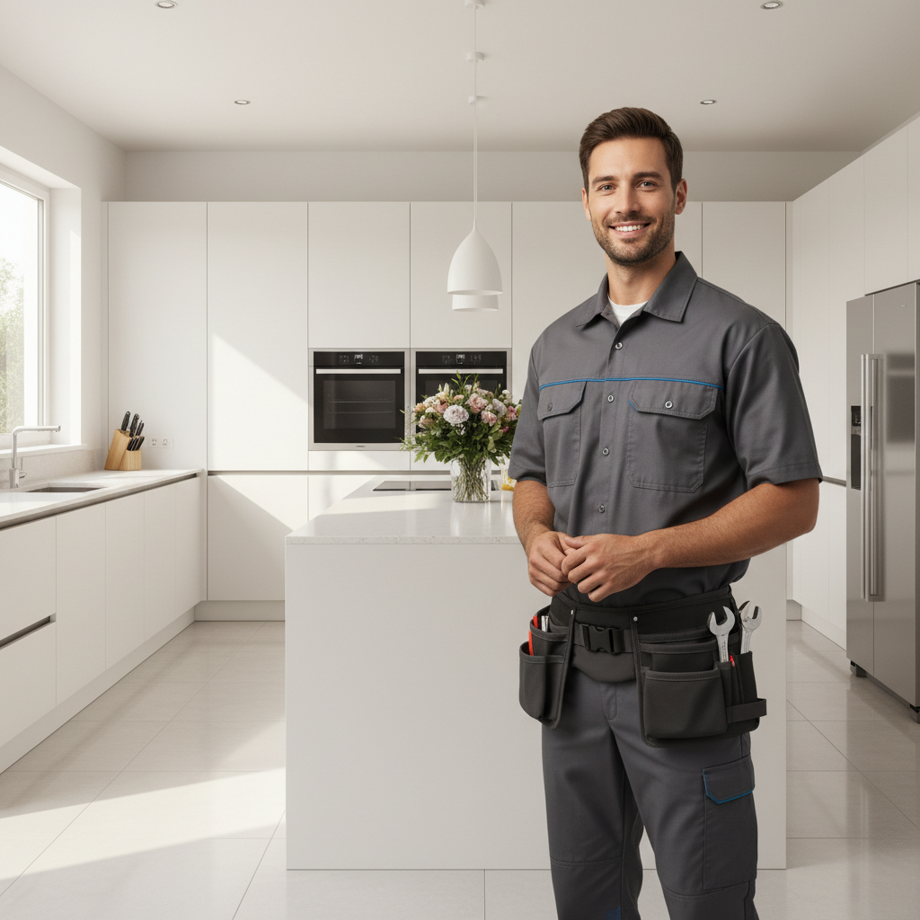 Professional appliance repair technician in a bright modern kitchen