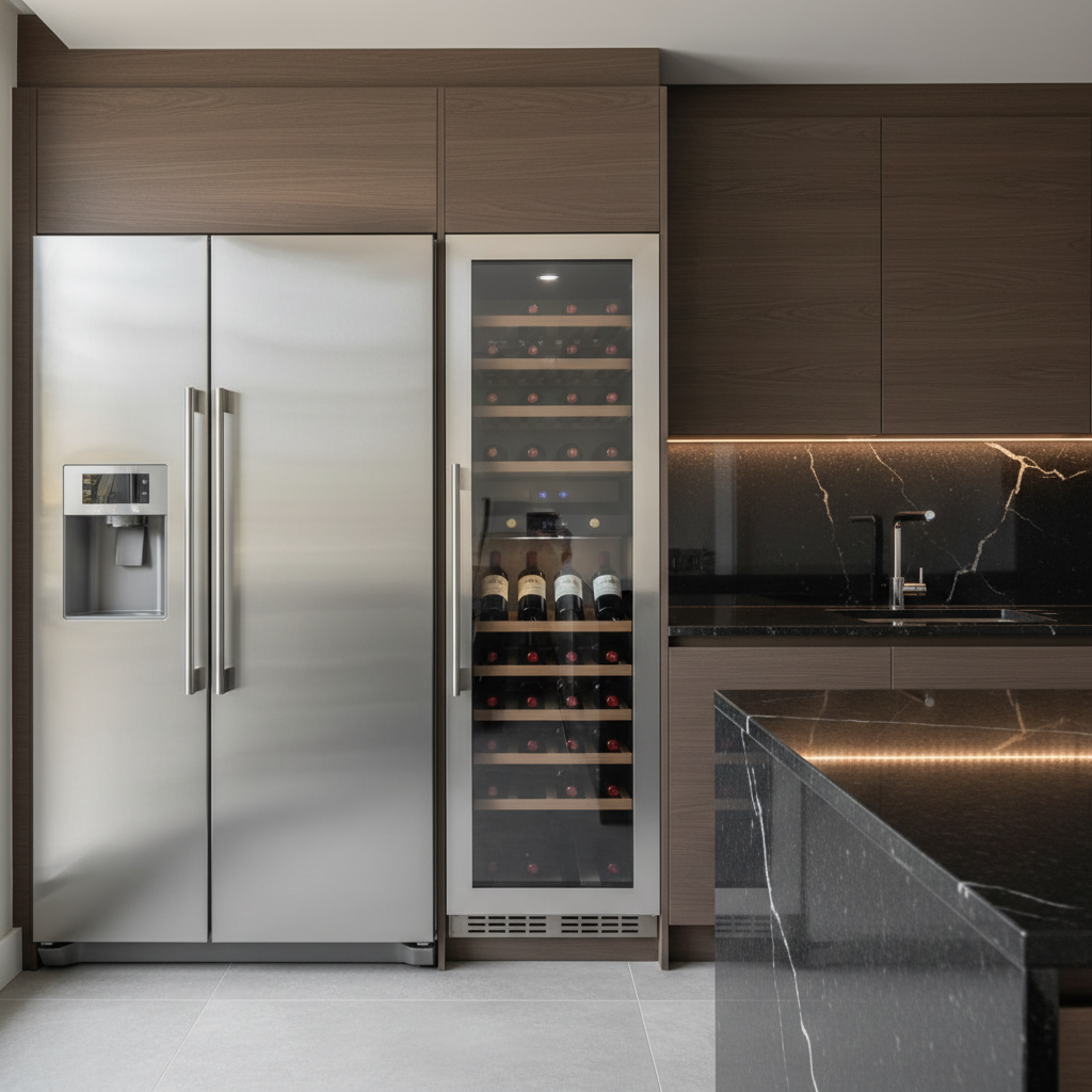 High-end built-in refrigerator and wine cooler close-up